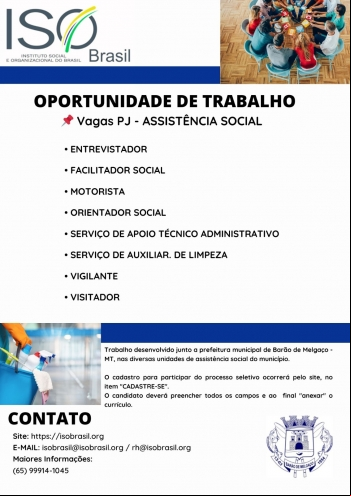 OPORTUNIDADE DE TRABALHO Vagas PJ - ASSISTÊNCIA SOCIAL - Barão de Melgaço - MT