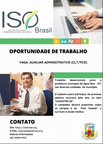 OPORTUNIDADE DE TRABALHO VAGA: AUXILIAR ISTRATIVO (CLT/PCD)