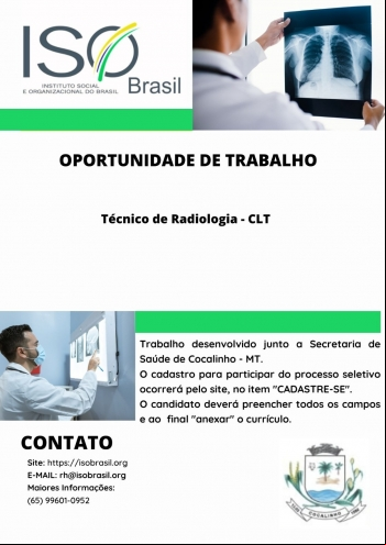 OPORTUNIDADE DE TRABALHO - Técnico de Radiologia - CLT - Cocalinho - MT