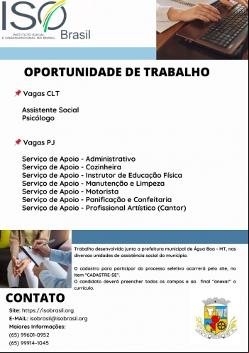 OPORTUNIDADE DE TRABALHO - Água Boa - MT