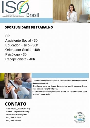 OPORTUNIDADE DE TRABALHO - Secretaria de Assistência Social de Cocalinho - MT